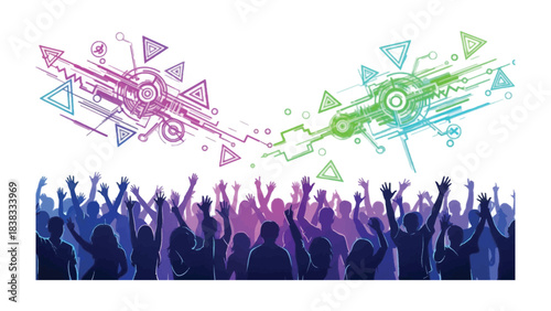 Harmony of Technology and Community: An illustration portrays the harmonious fusion of technology and the collective spirit of a community, with dynamic graphic elements.