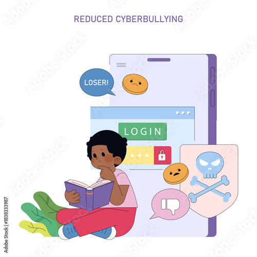 Child Reading While Facing Cyberbullying Vector Illustration