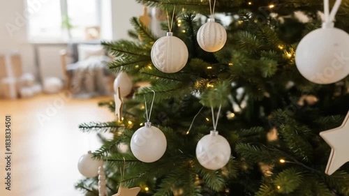 Decorated Christmas Tree with Ornaments and Lights in Cozy Living Room Scene