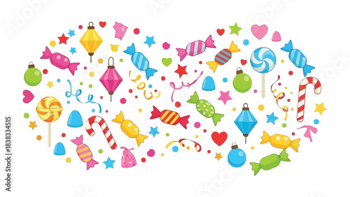 Colorful Candy Delights: An array of vibrant candies and festive decorations, arranged playfully, evoking a sense of sweet indulgence and joyous celebration.