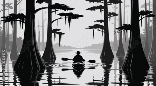 Lone Traveler in Canoe Paddling Through Monochrome Swamp, Reflections of Cypress Trees and Spanish Moss on Water, Vector Line Art for Adventure and Nature Scenes