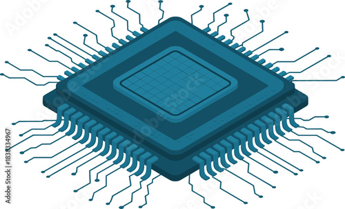 Isometric CPU illustration, advanced microchip design, electronic circuit board, semiconductor technology, digital processor system, high tech hardware concept, computing innovation