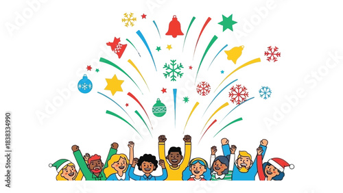 Holiday Celebration with Festive Fireworks: A diverse group of people joyfully celebrates a festive occasion, their uplifted arms mirroring the vibrant display of celebratory fireworks overhead.