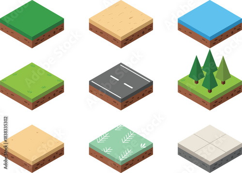 isometric terrain tiles, 3D land blocks, grass sand water tiles, road tile set, nature landscape assets, game map elements