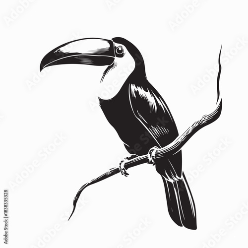Black and White Toucan sitting on branch Image vector