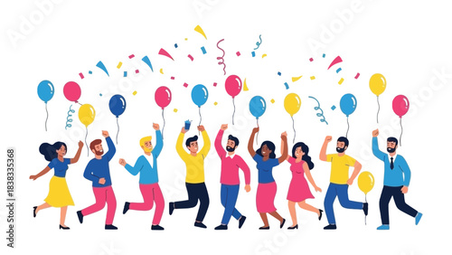 Celebration of Joy: A vibrant illustration showcasing a diverse group of people celebrating with balloons, confetti, and jubilant energy, perfect for expressing happiness and excitement.