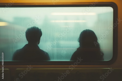 blurred silhouettes of a man and woman sitting apart inside a moving train, reflections streaked across foggy glass, cinematic still. evokes distance and fading connection. grainy textures, muted tone