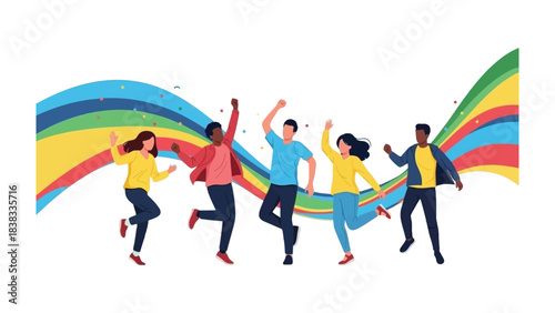 Celebration of Diversity: A lively group of people joyfully celebrate together with a colorful, flowing rainbow in the background, promoting togetherness and inclusion.
