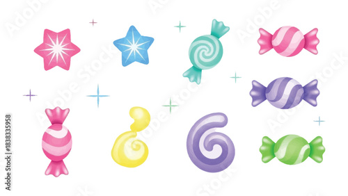 Sweet Symphony: An array of vibrant candies and star-shaped sweets, arranged to evoke pure delight and happiness. Each piece shines with tempting allure.