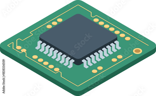 Isometric microchip illustration, electronic circuit board design, semiconductor processor, hardware components, integrated circuit technology, digital engineering, high performance computing concept