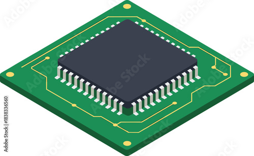 Isometric microchip illustration, electronic circuit board design, semiconductor processor, hardware components, integrated circuit technology, digital engineering, high performance computing concept