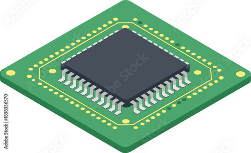 Isometric microchip illustration, electronic circuit board design, semiconductor processor, hardware components, integrated circuit technology, digital engineering, high performance computing concept