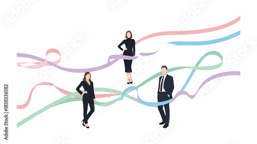 Business Professionals amidst Abstract Ribbon: A group of sharp business professional, standing gracefully, immersed in an intricate tapestry of flowing, abstract ribbons.