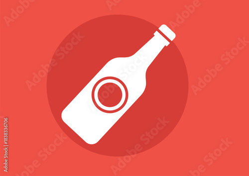 White bottle icon with circular label on red background drink beverage