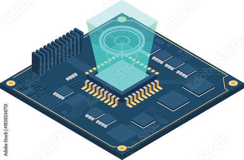 3D futuristic microchip illustration, advanced processor technology, digital circuit board, hologram interface, high tech hardware design, electronic innovation concept