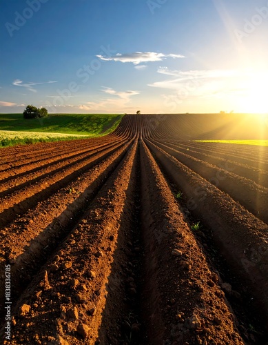 Tilled fields under a radiant sunset with a few clouds