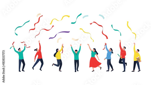 Joyful Celebration with Colorful Ribbons: A cheerful group of diverse people revels in a joyous celebration, surrounded by a cascade of colorful ribbons floating in the air.