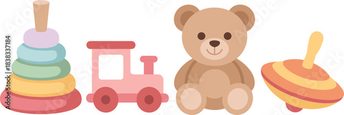 cute baby toys, stacking rings, toy train, teddy bear, spinning top, kids toys, nursery illustration, pastel toys, children’s clipart