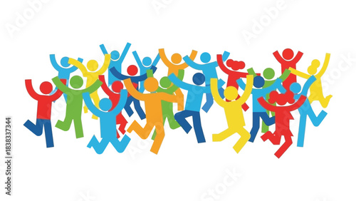 Celebrating Harmony: A vibrant crowd of figures joyfully express celebration and unity. Each one is a beacon of diverse colours, perfectly symbolizing a world embracing togetherness and happiness.