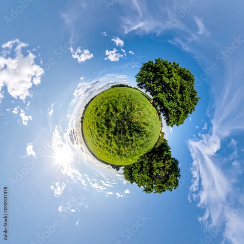 Tiny planet panorama with sunny sky, green field, and trees