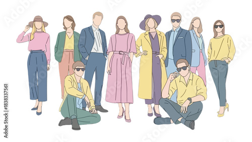 Fashion Forward Crowd: A stylish illustration showcasing a group of fashion-forward individuals, each exuding elegance and trendiness, dressed in chic outfits.