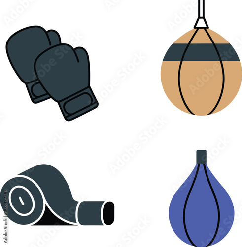 Boxing equipment icon set, gloves, punching bag, speed bag, training mat, gym fitness illustrations, combat sport symbols, flat minimal design