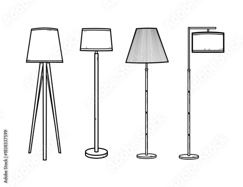 Set of floor lamps, line illustration, modern home lighting fixtures collection - vector illustration