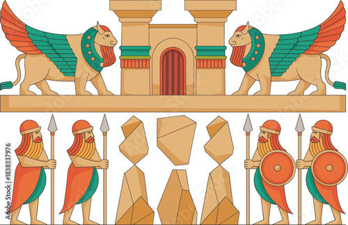 mesopotamian icons, assyrian symbols, lamassu illustration, ancient warriors, temple gate, historical art, archaeology graphics, ancient civilization elements