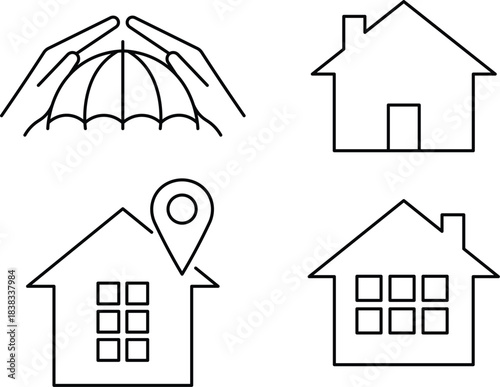 Four black line art icons of houses and protection symbol house icon home icon