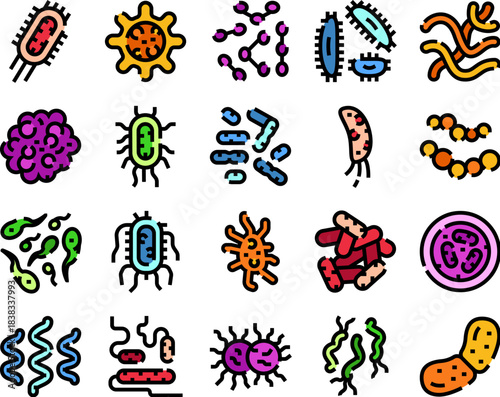 Bacteria microbes germ pathogen microbiology icon set