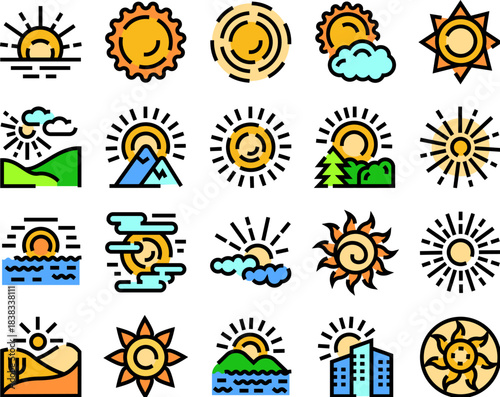 Sun rising, setting and shining weather icons