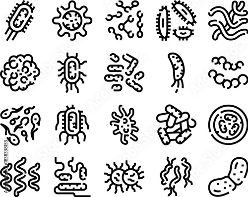 Microorganisms bacteria virus germ line art icons set
