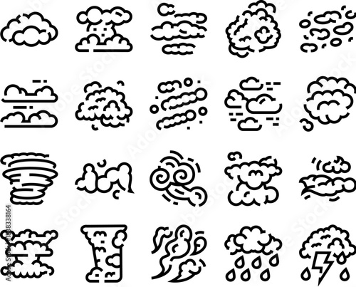 Cloud weather icon set illustrating meteorology elements