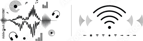 Minimalist sound icons, audio waveform set, ear symbol, headphones, speaker waves, music signals, black and white line illustration