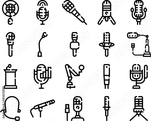 Microphones types icon set for audio recording broadcast