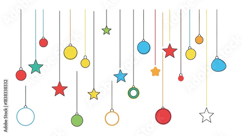 Hanging Ornaments Illustration: Festive array of dangling ornaments, including stars, circles, and spheres, presented in vibrant hues, suitable for seasonal celebrations.