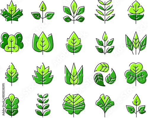 Green leaves icons collection representing nature and ecology symbols