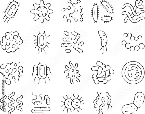 Bacteria and virus microbe icon set visualizing microorganism and cell line art