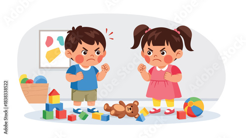 Modern flat vector illustration of an angry child clenching fists after a toy-sharing conflict, showing strong emotion and frustration