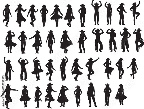 Set of cowgirl silhouettes, women in western hats,  dancing poses.