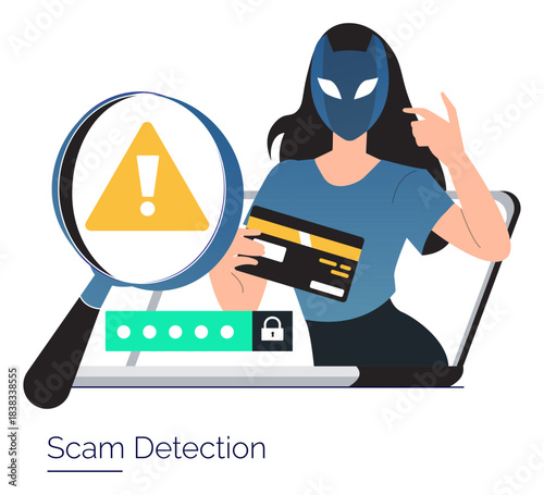 Woman Wearing Mask Investigating Card Fraud Vector