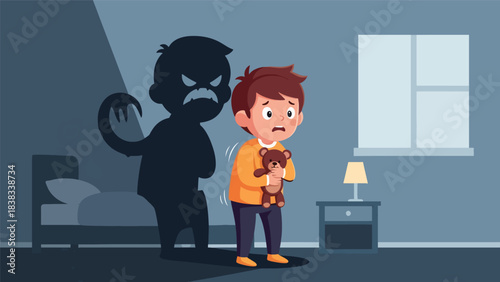 Modern flat vector illustration of a scared child holding a teddy bear in a dim bedroom with shadows, showing fear and uncertainty safely