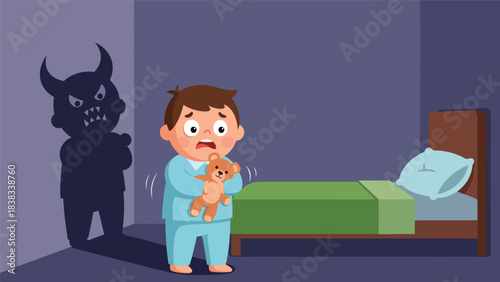 Modern flat vector illustration of a scared child holding a teddy bear in a dim bedroom with shadows, showing fear and uncertainty safely