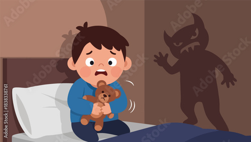Modern flat vector illustration of a scared child holding a teddy bear in a dim bedroom with shadows, showing fear and uncertainty safely