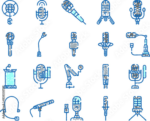 Microphone collection depicting communication, podcasting, and broadcasting equipment