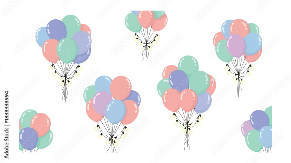 Naklejka premium Colorful Balloon Clusters: A set of vibrant balloons, ready to lift spirits. Perfect for celebrations, these helium-filled balloons come in various colors. 