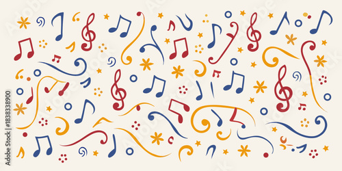 Colorful musical notes and symbols scattered across a cream background