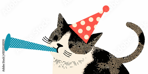 Festive cat with party hat and horn celebrating a joyous occasion