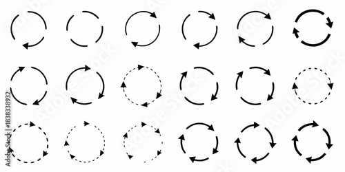 Arrangement of circular arrows with varying styles and dashed outlines