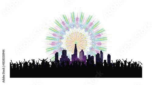 City Silhouette Celebration: Fireworks illuminate a silhouetted cityscape, with cheering crowds below, creating a festive atmosphere. A colorful display against the urban skyline.